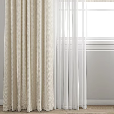 Beige Textured Curtains With White Sheer Panels For Window Natural Light 3d model