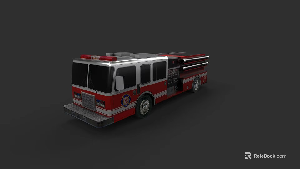 Red Fire Truck With Silver Accents Fire Department Emblem And Extended Ladder 3d model 