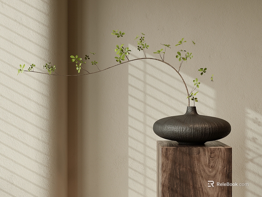 Black Vase With Green Leaf Branches On Wooden Pedestal Against Light Wall With Sunlight Shadows 3d model 