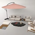 Outdoor Sofa Set With Pink Umbrella Fire Pit Coffee Table And Chairs 3d model