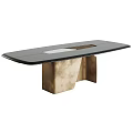 Modern Wooden Dining Table Featuring Marble Inlay And Unique Brass Metal Legs