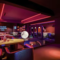 Modern Bar Interior With Neon Lights Sculpture On Red Lit Steps And Ambient Lighting