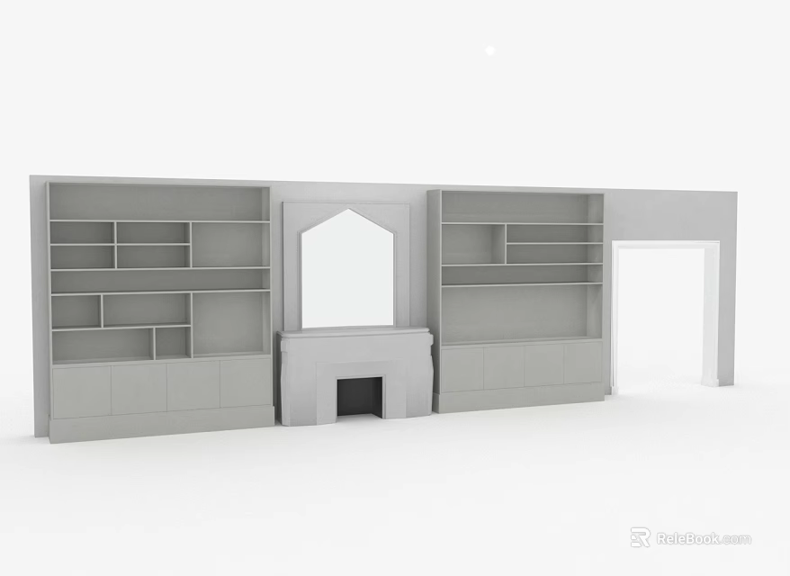 Modern Living Room Wall Furniture With Multi Tiered Shelves Fireplace Mirror And Base Cabinets 3d model 