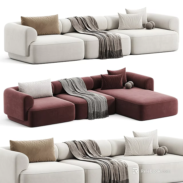 Modern Sectional Sofa with Plush Pillows and Cozy Blanket in Various Colors for Living Room 3d model 