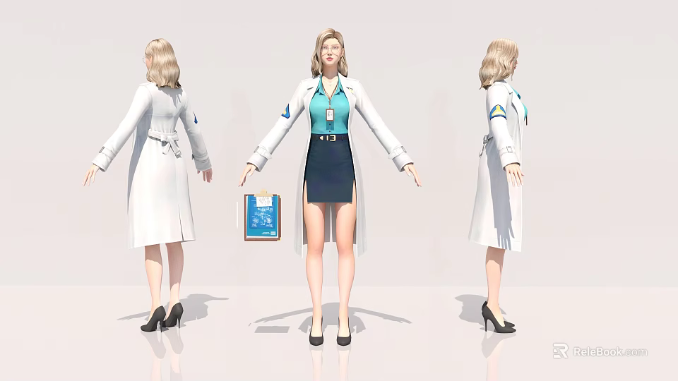 Female Game Character In White Coat Blue Shirt Black Skirt High Heels And Tablet 3d model 
