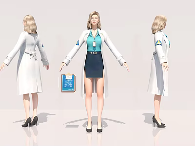 Female Game Character In White Coat Blue Shirt Black Skirt High Heels And Tablet 3d model