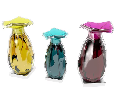 Three Modern Colorful Glass Vases Yellow Blue Purple with Petal Shaped Tops for Floral Decor 3d model