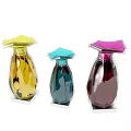 Three Modern Colorful Glass Vases Yellow Blue Purple with Petal Shaped Tops for Floral Decor