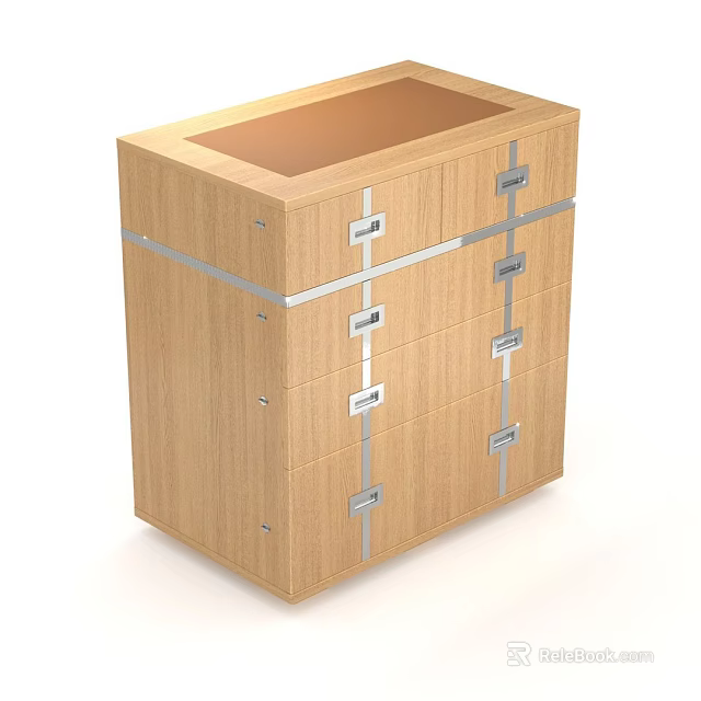 Wooden Drawer Cabinet With Multiple Drawers Silver Metal Strips And Flat Top Surface 3d model 