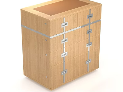 Wooden Drawer Cabinet With Multiple Drawers Silver Metal Strips And Flat Top Surface 3d model