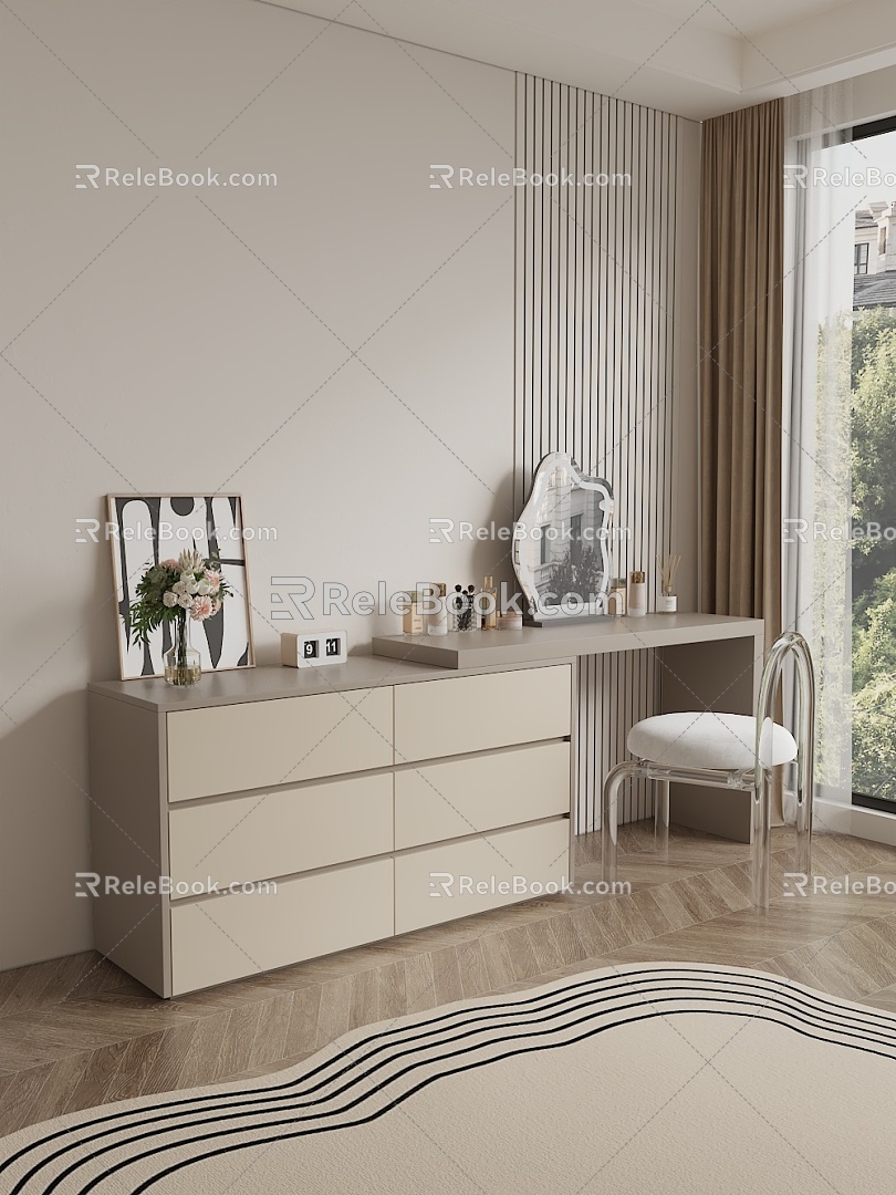 Cream Style Dressing Table Cabinet Dressing Table Top Ornaments Cosmetic Vase Dressing Mirror Crystal Chair 3d model