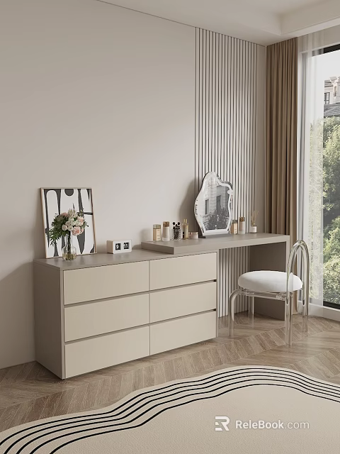 Elegant Light Beige Dressing Table With Irregular Mirror Stool Cosmetic Bottles And Natural Light 3d model 