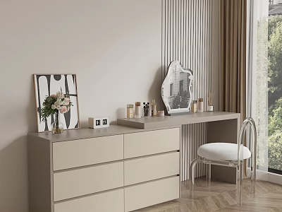Elegant Light Beige Dressing Table With Irregular Mirror Stool Cosmetic Bottles And Natural Light 3d model