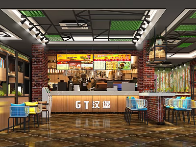 GT Burger Restaurant Interior With Brick Walls Green Ceiling Counter And Menu 3d model