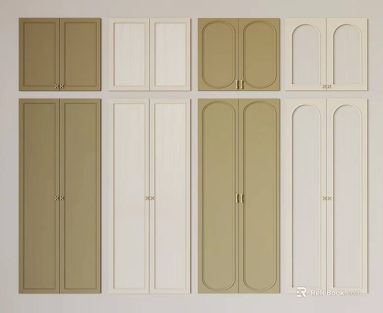 Various Wardrobe Doors Featuring Brown Beige White Colors And Arch Smooth Panel Designs 3d model