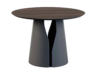 Round Walnut Wooden Dining Table With Modern Metal Pedestal Base And Sleek Design 3d model