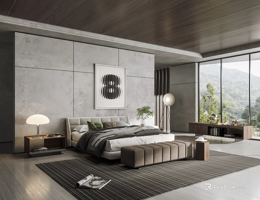 Modern Bedroom Interior With Concrete Walls Wooden Ceiling And Mountain View Through Windows 3d model 