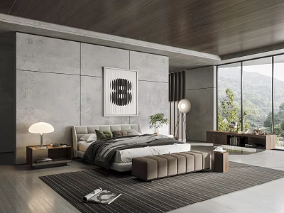 Modern Bedroom Interior With Concrete Walls Wooden Ceiling And Mountain View Through Windows 3d model