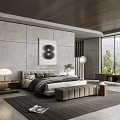 Modern Bedroom Interior With Concrete Walls Wooden Ceiling And Mountain View Through Windows