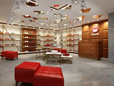 Belle Shoe Store Interior With Shelves Shoes Red Sofas Wooden Counter And Spotlights 3d model