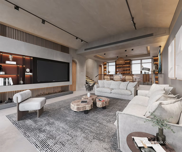 Modern Living and Dining Room Open Concept Interior With Sofa TV Wall and Decorative Rug 3d model 