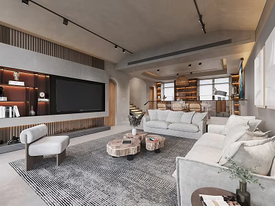 Modern Living and Dining Room Open Concept Interior With Sofa TV Wall and Decorative Rug 3d model