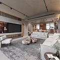 Modern Living and Dining Room Open Concept Interior With Sofa TV Wall and Decorative Rug