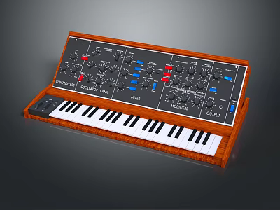 Moog Synthesizer With Wooden Case Front Panel Knobs Buttons And Keyboard 3d model