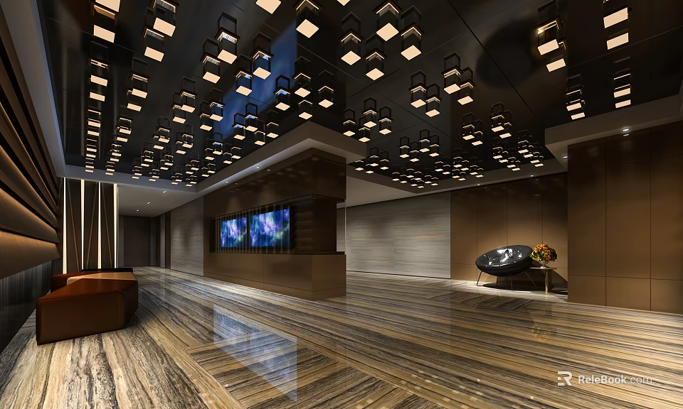Modern Hotel Corridor Interior With Stylish Ceiling Lights And Polished Wooden Floor 3d model 