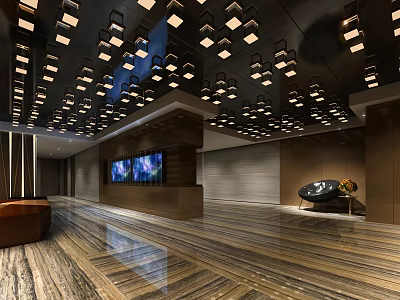 Modern Hotel Corridor Interior With Stylish Ceiling Lights And Polished Wooden Floor 3d model