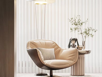 Beige Leather Leisure Chair With Plush Cushion And Side Table Green Plant Modern Interior 3d model