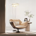 Beige Leather Leisure Chair With Plush Cushion And Side Table Green Plant Modern Interior