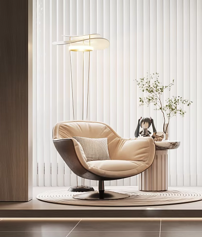 Beige Leather Leisure Chair With Plush Cushion And Side Table Green Plant Modern Interior 3d model
