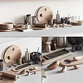 Stylish Kitchenware Collection With Wooden Plates Metal Containers And Cups On Countertop
