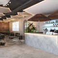 Cozy Café Interior Design With Arched Windows Decorative Lights Green Plants And Wooden Tables