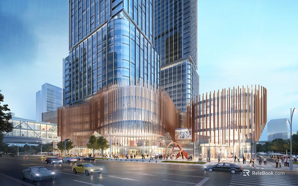 Modern Commercial Complex with Glass Facade High Rise Buildings and Urban Pedestrian Activity 3d model 
