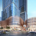 Modern Commercial Complex with Glass Facade High Rise Buildings and Urban Pedestrian Activity