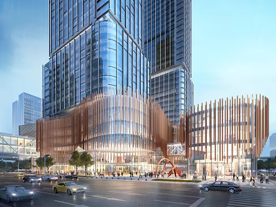 Modern Commercial Complex with Glass Facade High Rise Buildings and Urban Pedestrian Activity 3d model