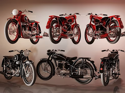 Vintage Red and Black Motorcycles in Retro Style Classic Collection 3d model