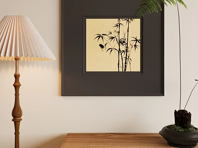 Abstract Painting with Bamboo Motif Black Frame and Beige Background for Modern Home Decor 3d model
