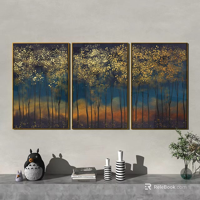 Three Panel Tree Wall Art Featuring Golden Accents And Blue Orange Gradient 3d model