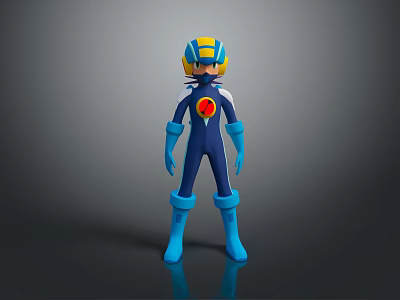 3D Game And Movie Character In Blue Yellow Costume With Helmet Red Chest Emblem Blue Gloves Boots 3d model