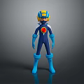 3D Game And Movie Character In Blue Yellow Costume With Helmet Red Chest Emblem Blue Gloves Boots