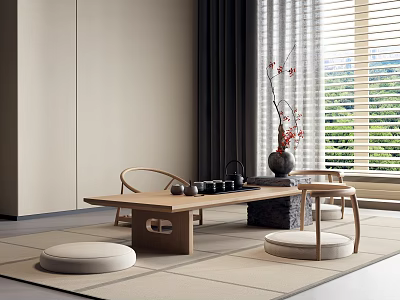 Minimalist Wooden Tea Table And Chairs With Tea Set Floor Cushions And Natural Light 3d model