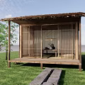Traditional Japanese Hut Featuring Thatch Roof Wooden Frames Bamboo And Grassland Water View