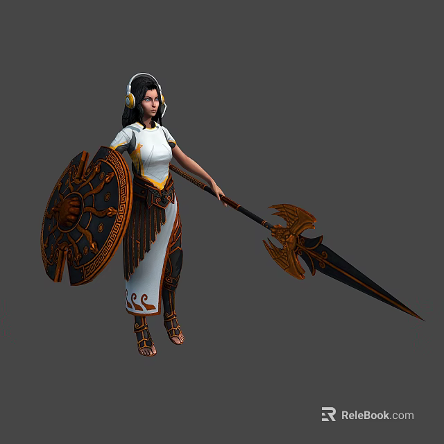 Fantasy Female Warrior Holding Ornate Shield And Decorative Spear In White Robe 3d model 