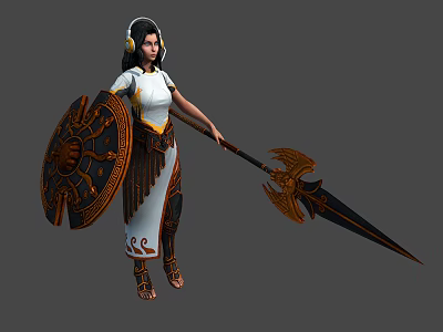 Fantasy Female Warrior Holding Ornate Shield And Decorative Spear In White Robe 3d model