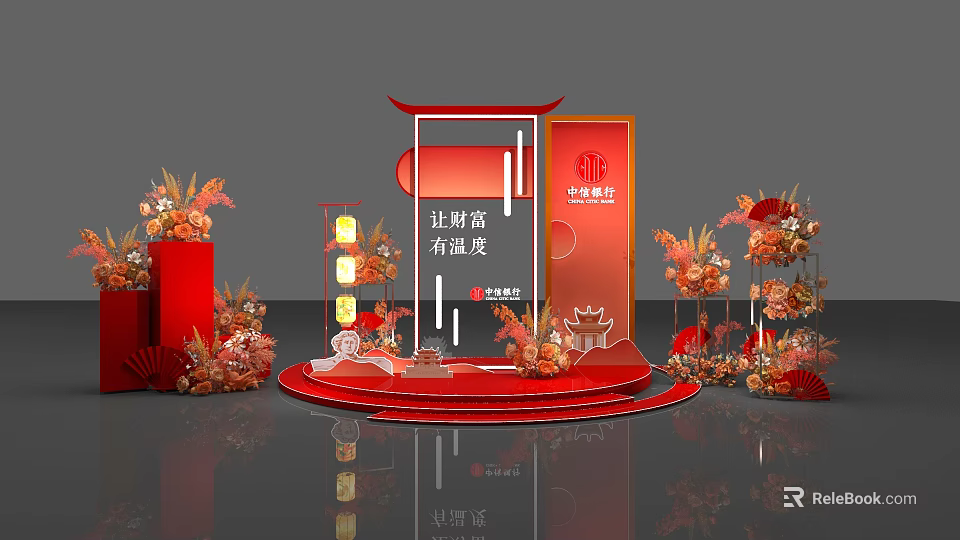 Red Themed Floral Display With Elegant Stage And Traditional Lantern Decorations 3d model 