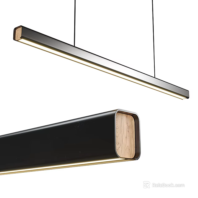 Modern Long Black Frame Pendant Light With Wooden Accents And LED Strip 3d model 