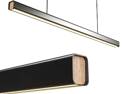 Modern Long Black Frame Pendant Light With Wooden Accents And LED Strip 3d model